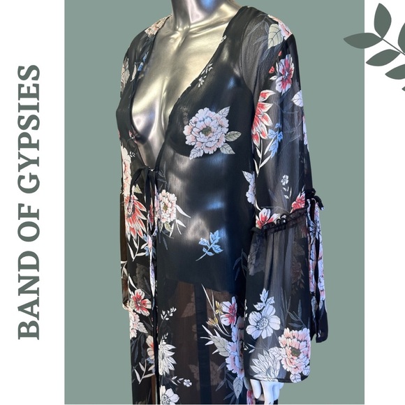 🛍️3/$40 Band of Gypsies Floral Duster Kimono Black Tie Front Ruffle Sleeve XS - Picture 6 of 9